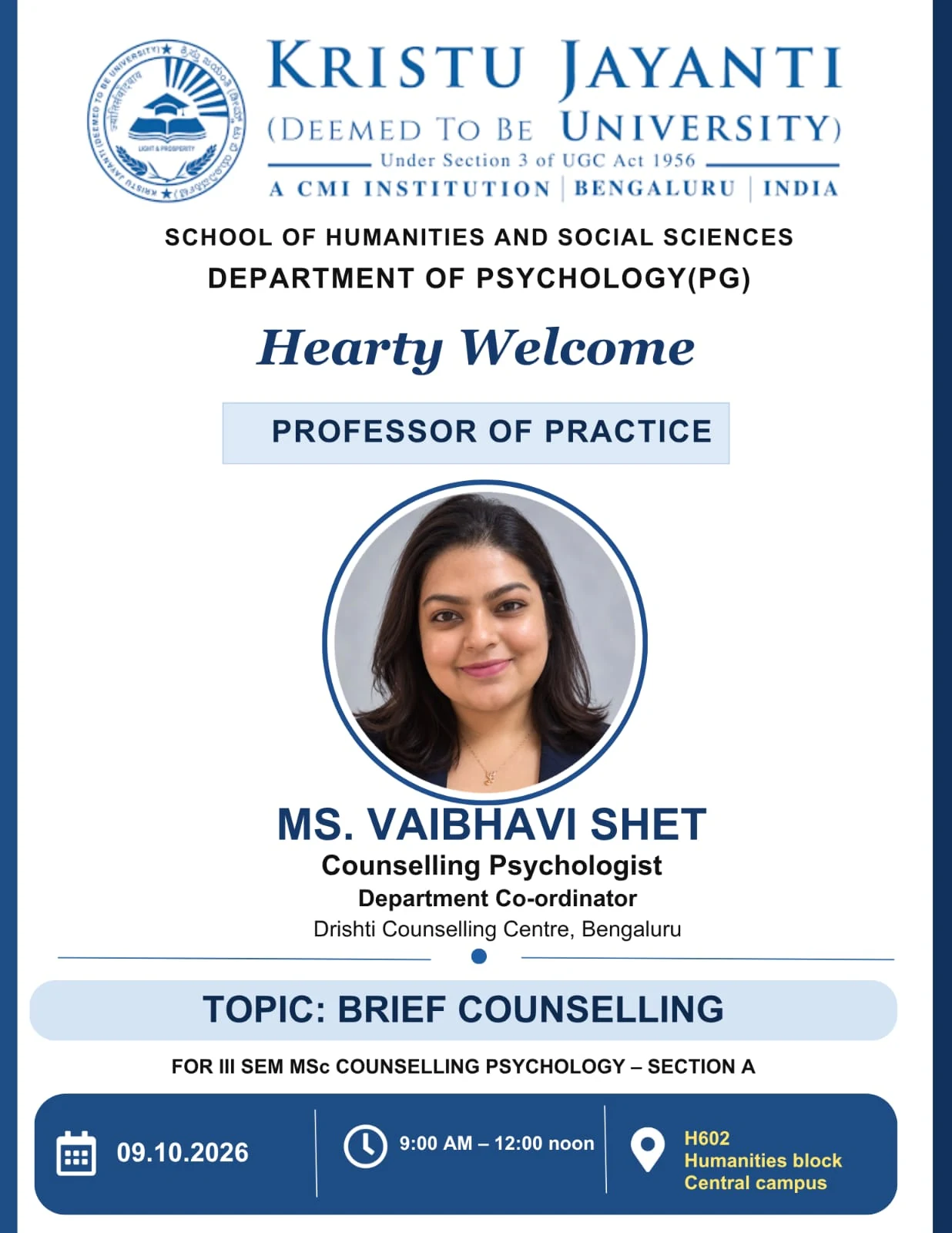 Hearty Welcome – Professor of Practice (Brief Counselling)