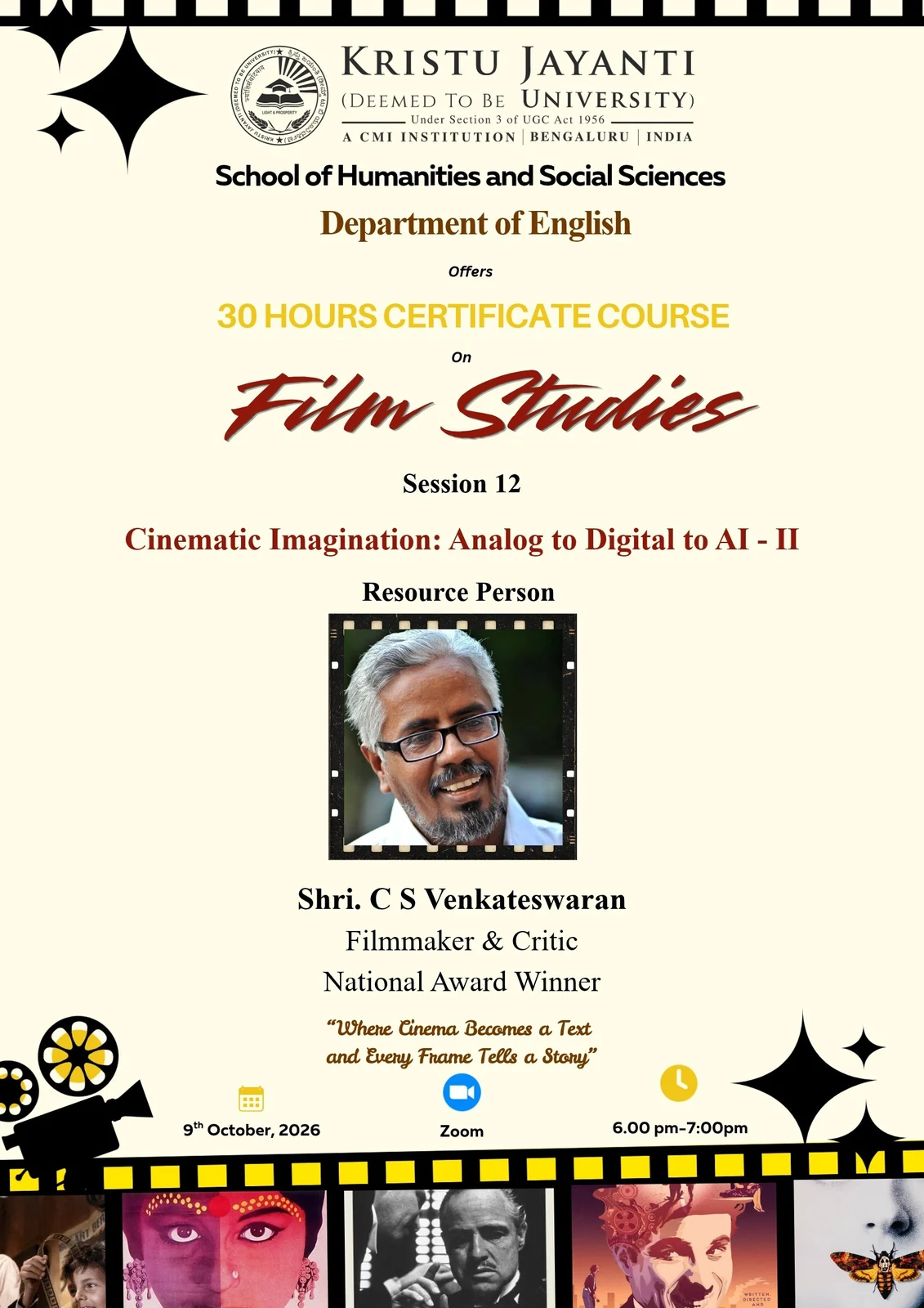 30 Hours Certificate Course on Film Studies – Session 12 (Cinematic Imagination)