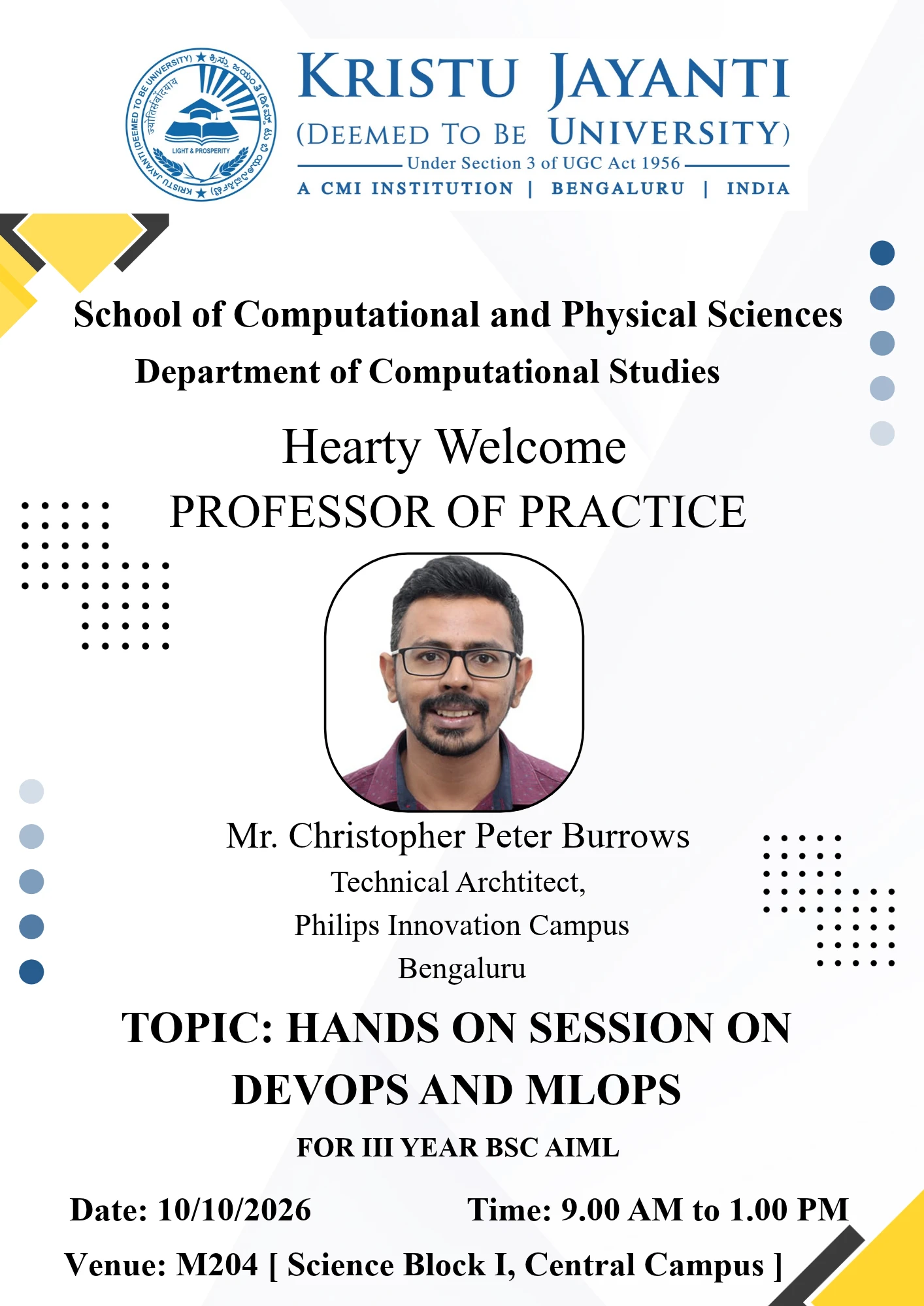 Hearty Welcome – Professor of Practice: Hands-on Session on DevOps and MLOps (III Year BSc AIML Students)